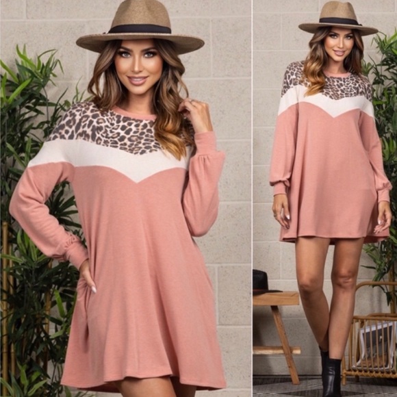 (7)New USA MADE Mauve Leopard Chevron Women's Comfy Loose Fall Pocket Dress - Picture 1 of 2